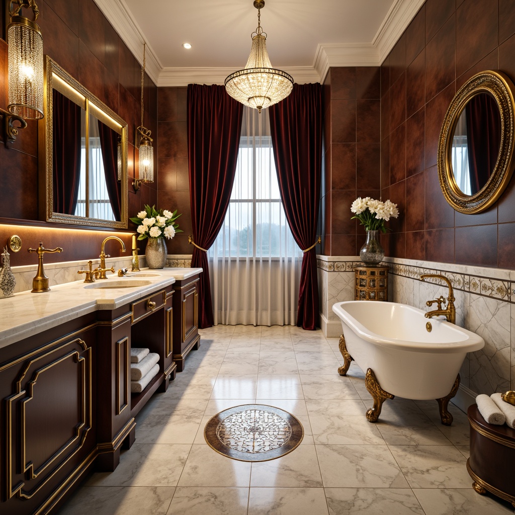 Prompt: Luxurious bathroom, ornate fixtures, golden faucets, crystal chandeliers, marble countertops, geometric patterns, metallic accents, rich textiles, velvet drapes, circular mirrors, freestanding tubs, clawfoot designs, hexagonal tiles, mosaic inlays, warm ambient lighting, soft focus, 1/1 composition, realistic reflections, detailed textures.