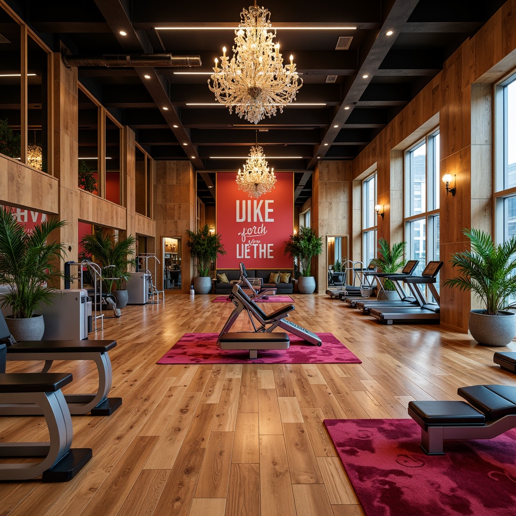 Prompt: Luxurious fitness studio, polished wood floors, mirrored walls, elegant chandeliers, plush carpeted areas, vibrant color accents, motivational quotes, sleek metallic equipment, state-of-the-art technology, ambient lighting, dramatic ceiling heights, grand entranceways, natural stone features, tropical plant arrangements, refreshing water features, soft warm ambiance, 1/2 composition, realistic textures, shallow depth of field.