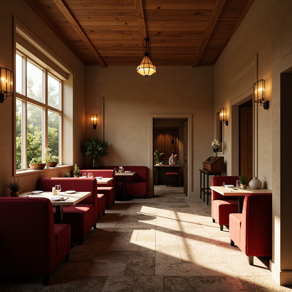 Prompt: Cozy restaurant ambiance, warm earthy tones, rich wood accents, soft beige walls, deep crimson upholstery, golden lighting fixtures, plush velvet textures, natural stone flooring, minimalist decor, calming atmosphere, afternoon sunlight, gentle shadows, 1/2 composition, shallow depth of field, realistic renderings, ambient occlusion.