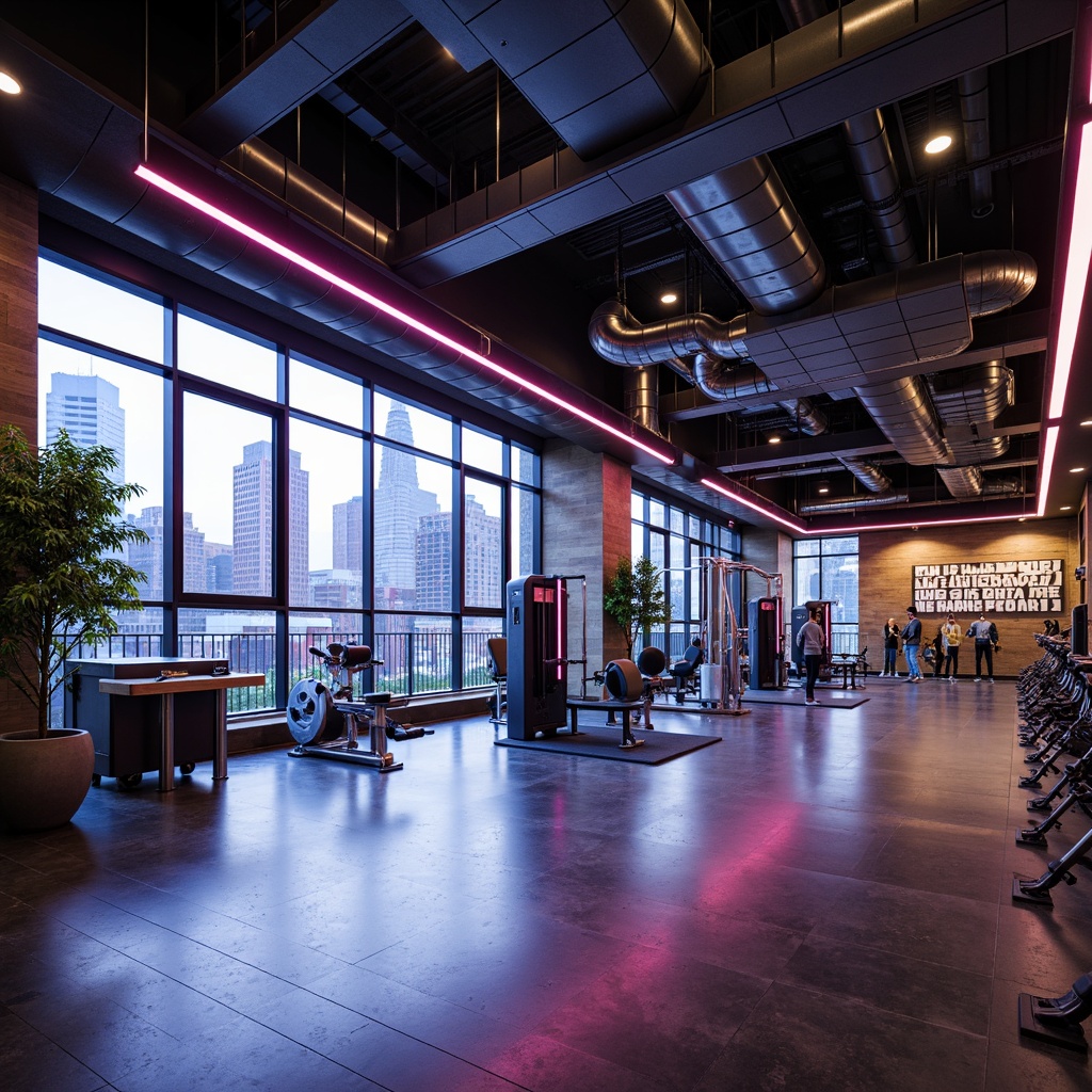 Prompt: Modern fitness center, industrial chic aesthetic, exposed ductwork, polished concrete floors, neon color accents, motivational quotes, rustic wood accents, sleek metal equipment, floor-to-ceiling windows, natural light, urban cityscape views, dynamic LED lighting, futuristic architecture, minimalist decor, abstract artwork, geometric patterns, high-gloss finishes, mirrored walls, energizing color scheme, intense spotlights, shallow depth of field, 3/4 composition, realistic textures, ambient occlusion.