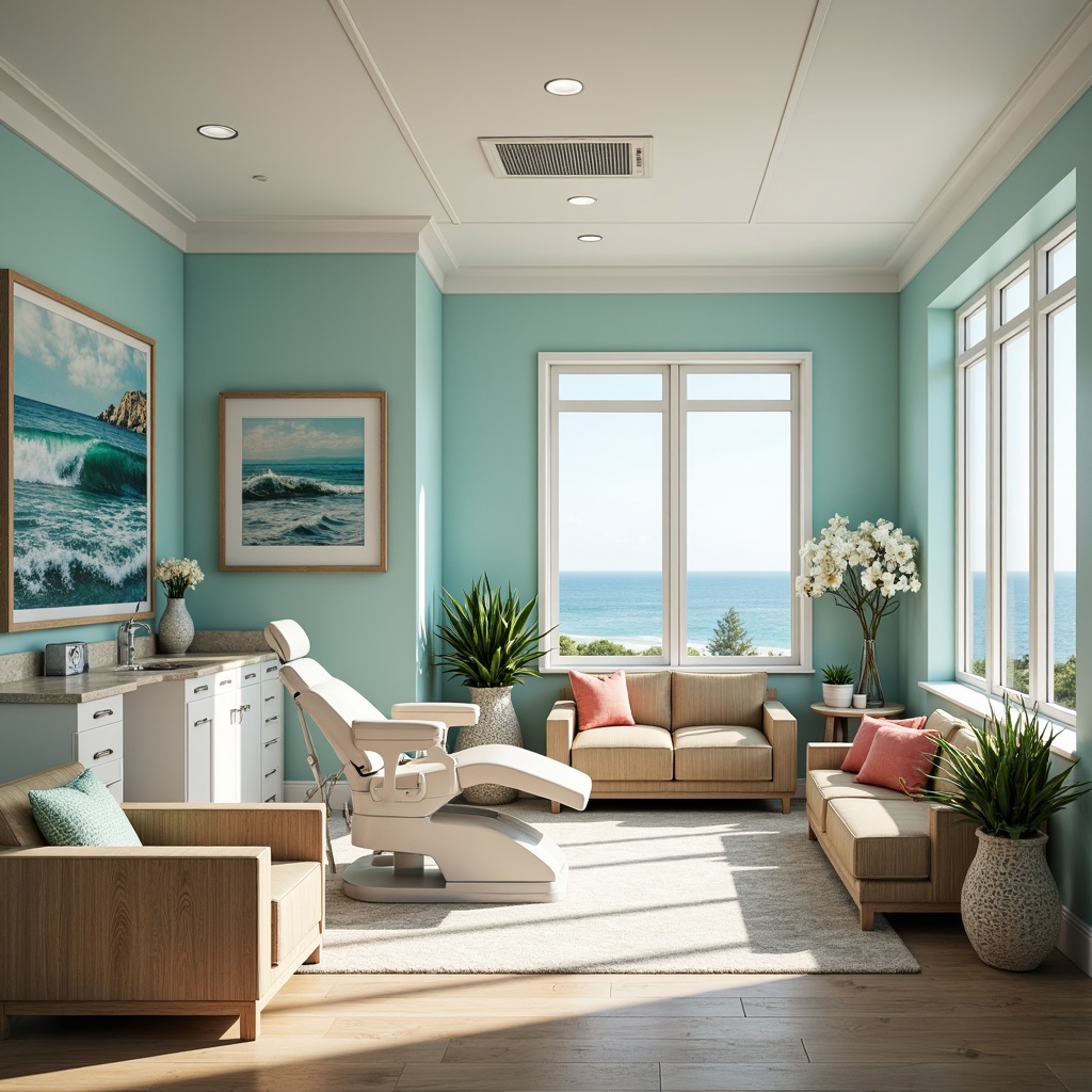 Prompt: \Calming coastal dental clinic, soft serene blue walls, crisp white accents, natural wood furniture, ocean-inspired artwork, driftwood decorations, sea salt textures, subtle wave patterns, tranquil ambiance, warm beige flooring, calming turquoise hues, refreshing mint greenery, soothing cream colors, bright coral accents, seaside-inspired accessories, large windows with ocean views, airy open spaces, natural light pouring in, soft gentle lighting, shallow depth of field, 1/2 composition, realistic textures.\