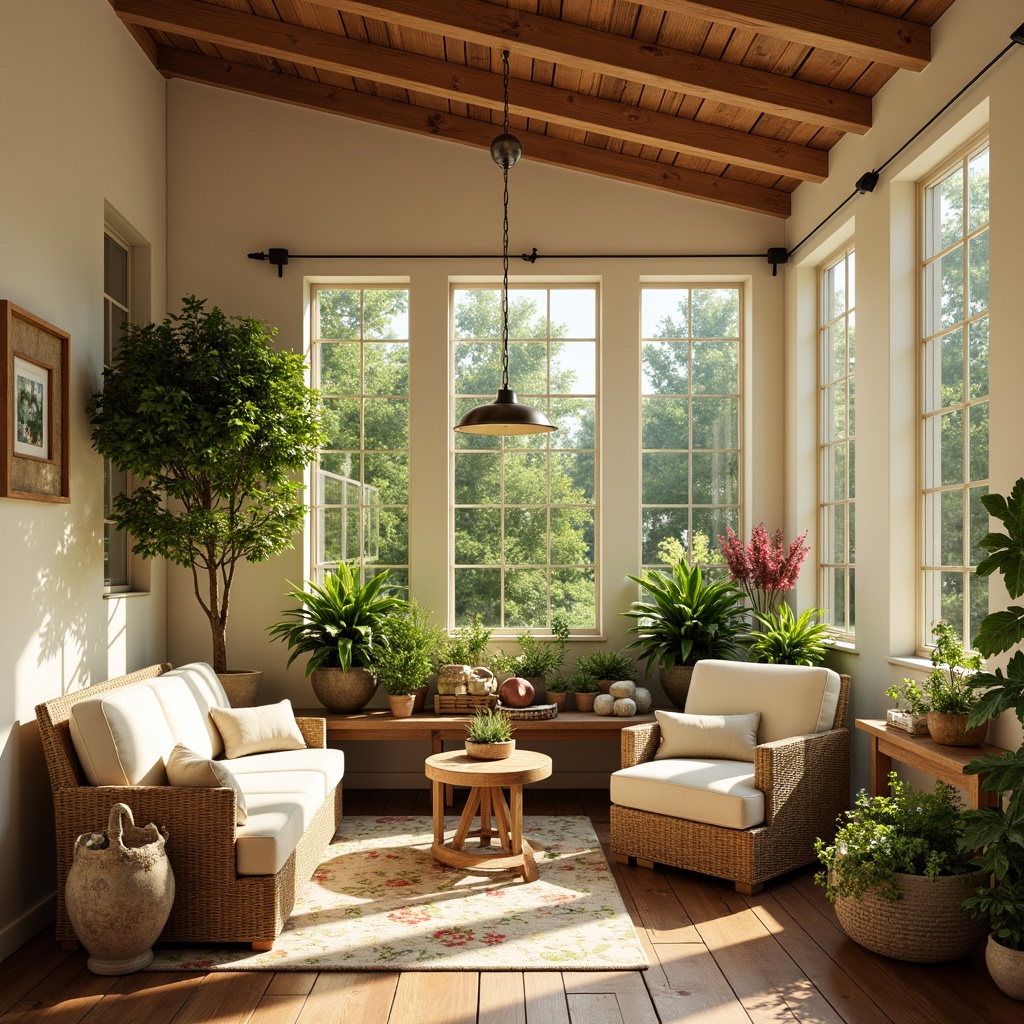 Prompt: \Cozy sunroom, warm beige walls, soft cream furniture, lush greenery, natural wood accents, vibrant floral patterns, bright sunny day, soft warm lighting, shallow depth of field, 3/4 composition, panoramic view, realistic textures, ambient occlusion.\