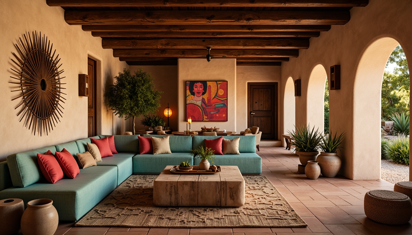 Prompt: Cozy southwestern-inspired lodge, warm earthy tones, rustic wooden accents, plush comfortable seating, vibrant turquoise and coral hues, woven textiles, natural fiber rugs, reclaimed wood furniture, chunky throw blankets, soft candlelight, warm beige stucco walls, terracotta tile floors, lush greenery, desert botanicals, abstract native american patterns, rustic metal decor, wooden ceiling beams, earthy pottery, warm golden lighting, shallow depth of field, 3/4 composition, realistic textures.