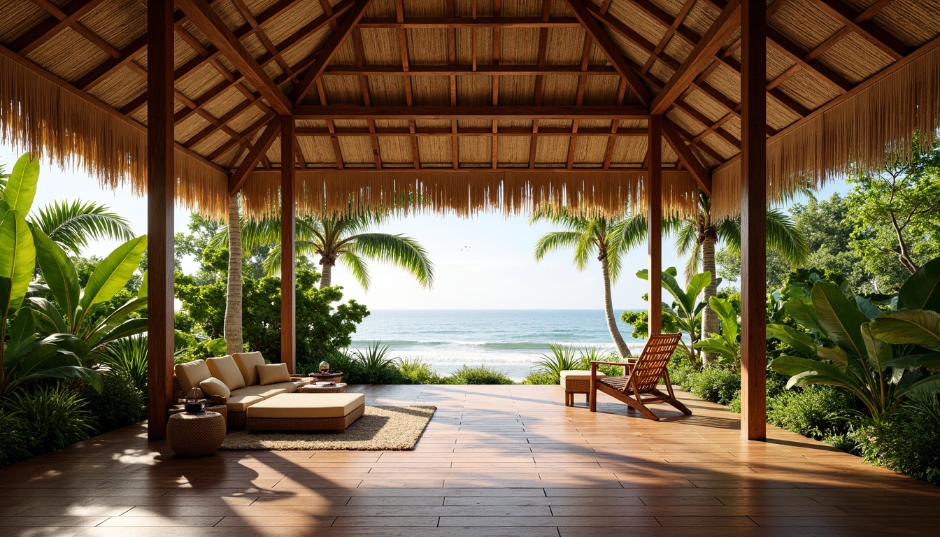 Prompt: Vibrant tropical hut, exotic wood flooring, rich mahogany tones, warm beige hues, natural woven fibers, intricate tribal patterns, lush greenery surroundings, palm tree silhouettes, soft ocean breeze, bright sunny day, shallow depth of field, 1/1 composition, realistic textures, ambient occlusion.