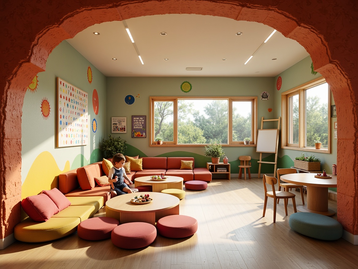 Prompt: Vibrant kindergarten classroom, textured walls with colorful murals, soft cushions, rounded corners, wooden furniture, playful learning areas, interactive displays, educational charts, alphabet wall decals, number lines, sensory integration zones, calming ambiance, natural light pouring in, warm beige flooring, cozy reading nooks, circular tables, tiny chairs, stimulating color schemes, whimsical illustrations, acoustic panels, sound-absorbing materials, creative art stations, collaborative play areas, imaginative play structures, gentle warm lighting, shallow depth of field, 1/2 composition, inviting atmosphere.