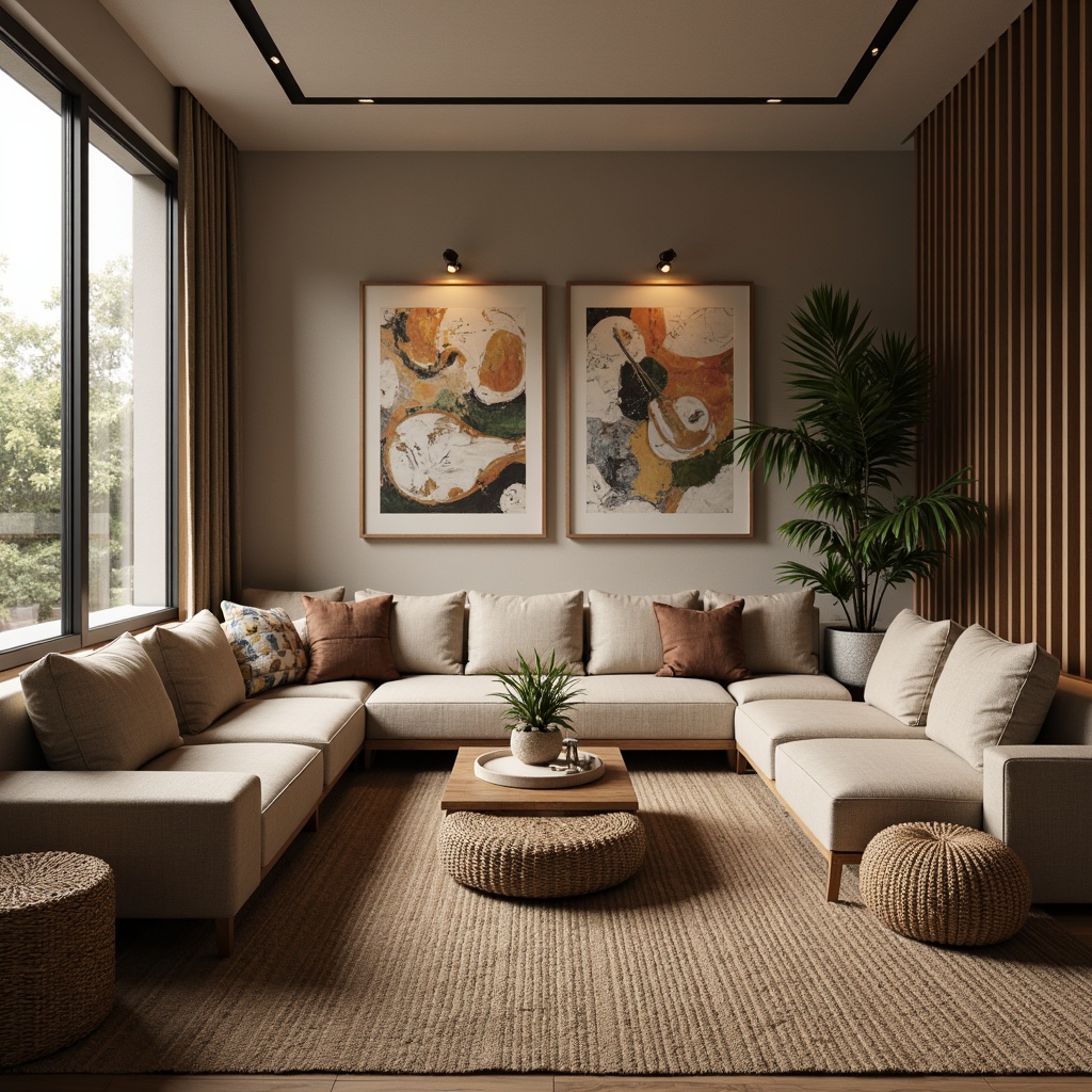 Prompt: Cozy living room, plush throw pillows, soft velvet sofas, woven wicker chairs, natural fiber rugs, earthy tone colors, warm ambient lighting, floor-to-ceiling windows, minimalist decorative walls, modern abstract artwork, geometric patterned fabrics, tactile upholstery, inviting atmosphere, shallow depth of field, 1/1 composition, realistic textures, ambient occlusion.