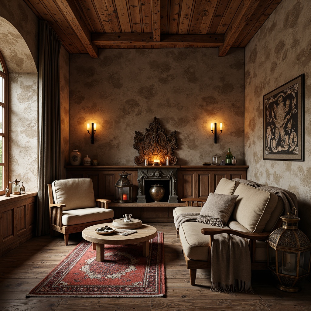 Prompt: Rustic wooden accents, earthy color palette, natural stone walls, vintage metal lanterns, distressed wood flooring, cozy throw blankets, plush armchairs, ornate wooden furniture, carved wooden decorations, warm candle lighting, soft warm textures, shallow depth of field, 1/1 composition, realistic rendering, ambient occlusion, inviting atmosphere.