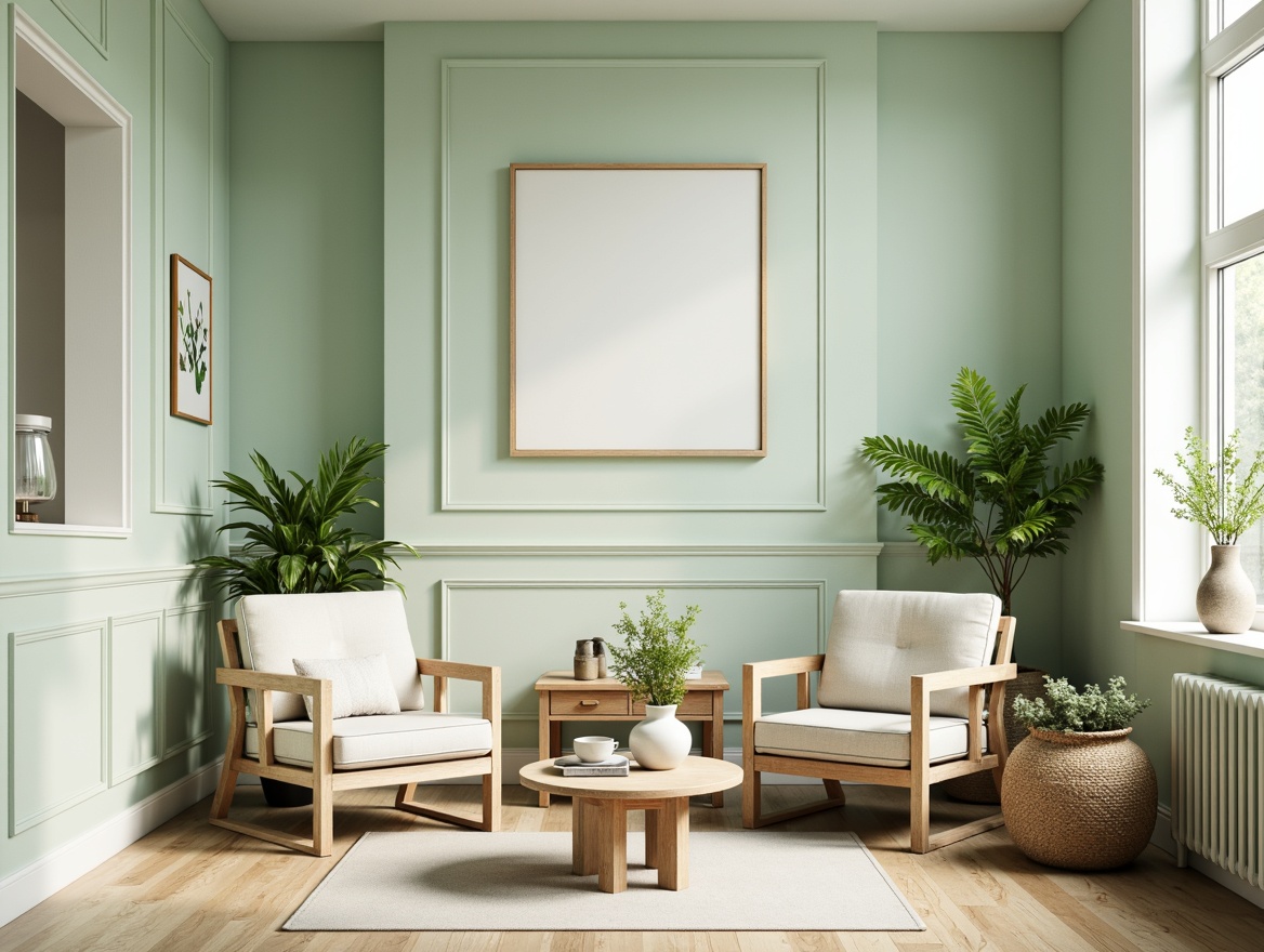 Prompt: Pastel mint walls, creamy white trim, soft sage accents, natural wood textures, botanical prints, delicate ceramic vases, warm beige furniture, minimalist decor, abundant greenery, indirect soft lighting, shallow depth of field, 1/2 composition, realistic renderings, ambient occlusion.Note that I've followed the rules to generate a cohesive and detailed prompt that includes