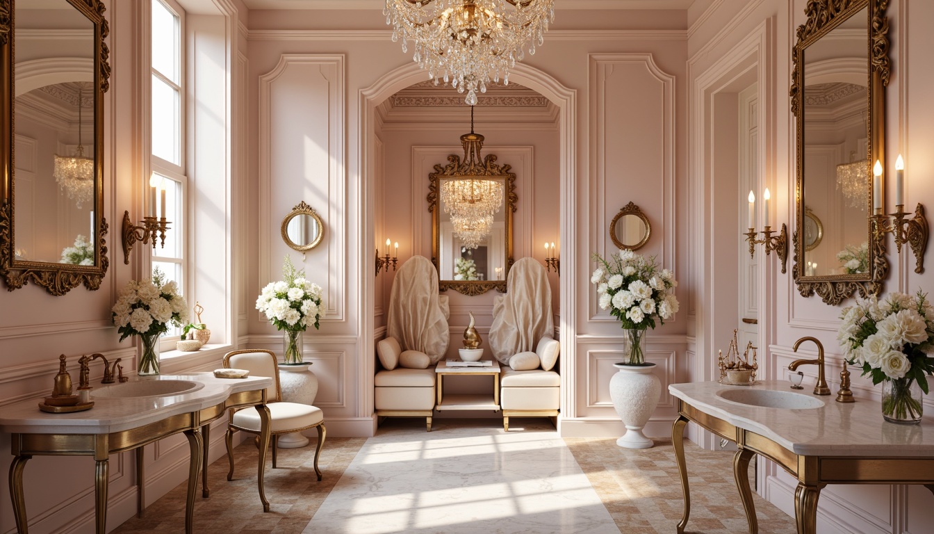 Prompt: Rococo-style powder room, soft feminine curves, ornate gold accents, delicate flower patterns, pale pink walls, creamy white marble countertops, antique furniture pieces, lavish velvet drapes, intricate mirror frames, sparkling crystal chandeliers, warm candlelight, shallow depth of field, 1/1 composition, realistic textures, ambient occlusion.