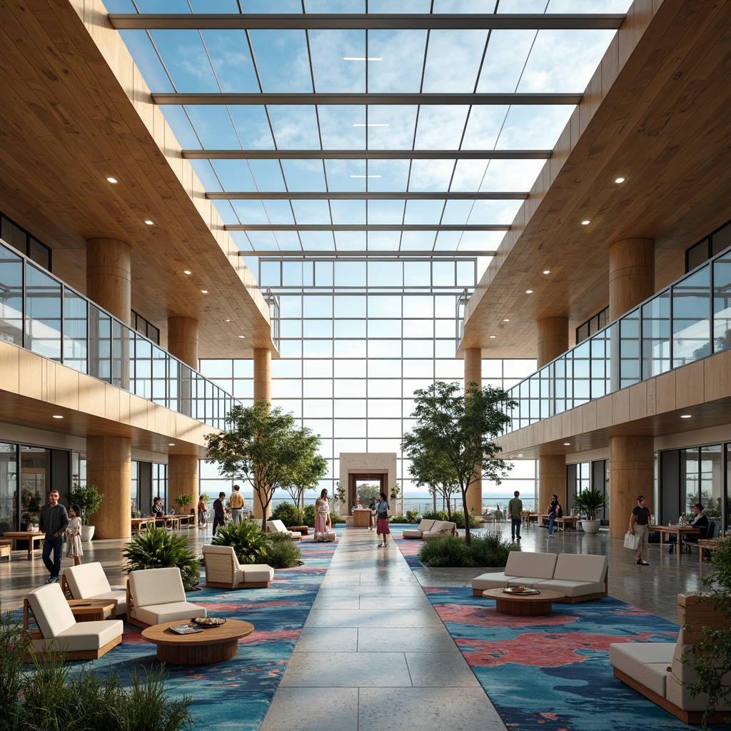 Prompt: Coastal airport interior, spacious high-ceilinged atriums, natural light pouring in, ocean-inspired color palette, wavy wooden accents, curved lines, modern minimalist furniture, sleek metal railings, glass balustrades, polished marble floors, vibrant coral patterns, nautical-themed decor, soft warm lighting, shallow depth of field, 1/2 composition, panoramic view, realistic textures, ambient occlusion, bustling airport atmosphere, gentle sea breeze sounds.