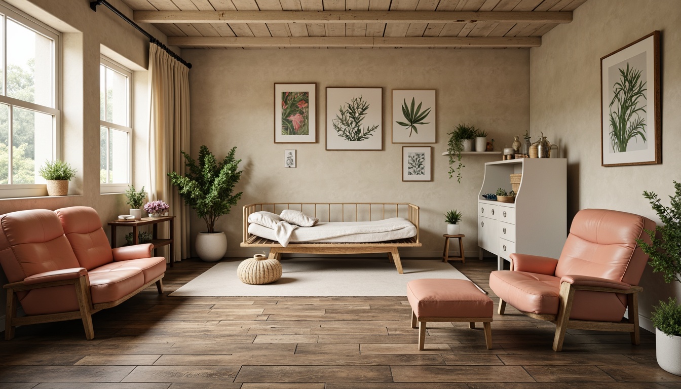 Prompt: Vintage hospital furniture, distressed wood accents, worn leather upholstery, soft peach tones, creamy whites, gentle pastels, natural linen fabrics, subtle botanical prints, warm beige walls, rustic metal frames, reclaimed wooden floors, ambient softbox lighting, shallow depth of field, 1/1 composition, cozy atmosphere, realistic textures.