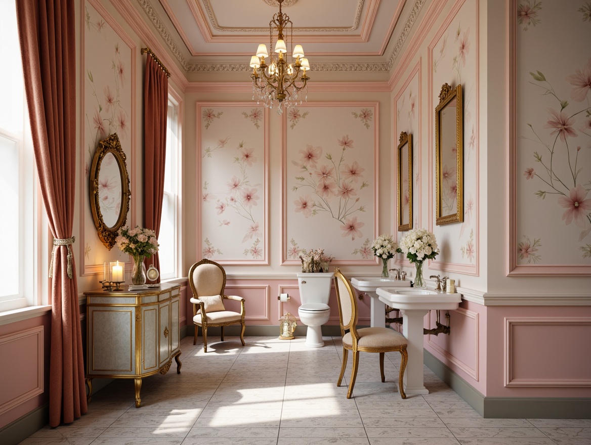 Prompt: Elegant powder room, soft Baroque accents, ornate gold frames, delicate floral patterns, pastel hues, pale pink walls, creamy white trim, rich velvet drapes, antique furniture, distressed finishes, intricate carvings, subtle sheen, warm candlelight, luxurious textures, ornamental mirrors, lavish chandeliers, 1/2 composition, shallow depth of field, romantic ambiance.