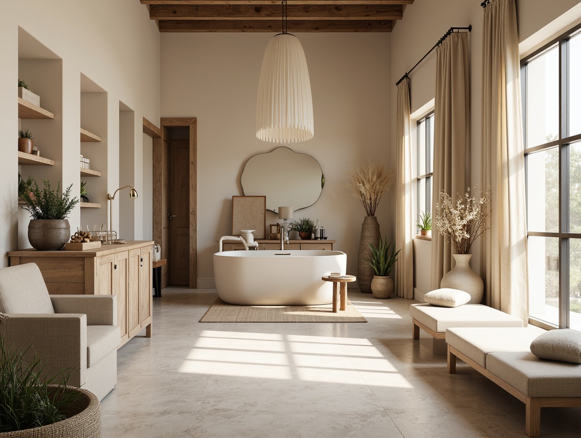 Prompt: Soft creamy whites, warm beige tones, earthy browns, calming blues, gentle grays, matte black accents, natural stone textures, subtle wood grain patterns, spa-inspired ambiance, relaxing atmosphere, warm task lighting, soft focus photography, 1/2 composition, shallow depth of field.