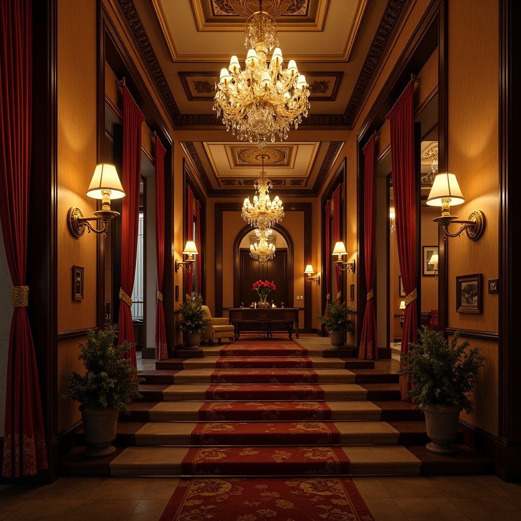 Prompt: Grandiose hallways, ornate chandeliers, warm golden lighting, intricately carved wooden fixtures, majestic staircases, rich velvet drapes, opulent crystal sconces, classic lanterns, solemn atmosphere, dramatic shadows, soft warm glow, subtle color temperature, 1/2 composition, low-key lighting, ambient illumination, realistic textures, ornate details, traditional architectural elements.