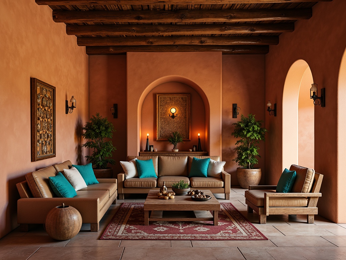 Prompt: Earth-toned monastery interior, warm terracotta walls, rustic wooden beams, natural stone floors, soft candlelight, serene ambiance, Southwestern-inspired decor, vibrant turquoise accents, rich brown leather furniture, woven textiles, geometric patterns, distressed wood textures, subtle archways, tranquil atmosphere, warm golden lighting, shallow depth of field, 1/1 composition.