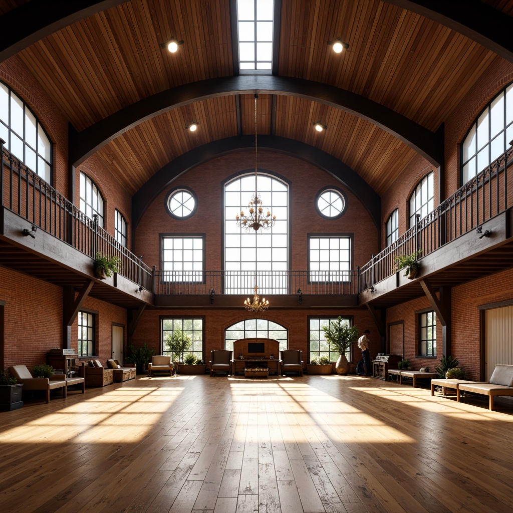 Prompt: Rustic gymnasium interior, wooden sports floor, traditional brick walls, vaulted ceiling, grand chandeliers, ornate metal railings, nostalgic color scheme, natural light pouring in, warm atmosphere, cozy nooks, comfortable seating areas, vintage athletic equipment, distressed wood accents, eclectic decorative elements, symmetrical composition, 1/1 aspect ratio, softbox lighting, subtle shading, realistic textures.