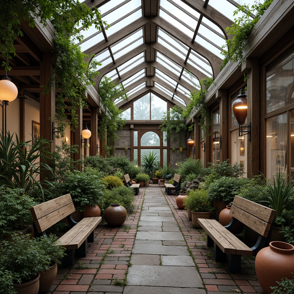 Prompt: Rustic greenhouse, reclaimed wood accents, earthy terracotta pots, lush greenery, natural stone pathways, vintage metal lanterns, distressed wooden benches, worn brick walls, soft warm lighting, misty atmosphere, 1/1 composition, realistic textures, ambient occlusion, muted color palette, sage greens, mossy stones, weathered wood tones, earthy reds, sky blue accents.