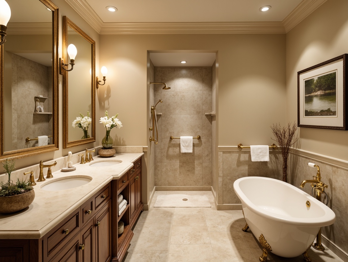 Prompt: Transitional style bathroom, warm beige walls, creamy white marble countertops, ornate gold fixtures, soft LED lighting, freestanding tubs, rainfall showerheads, double sink vanities, recessed medicine cabinets, decorative mirrors, natural stone flooring, subtle texture contrasts, earthy color palette, calming ambiance, 1/1 composition, shallow depth of field, realistic reflections.