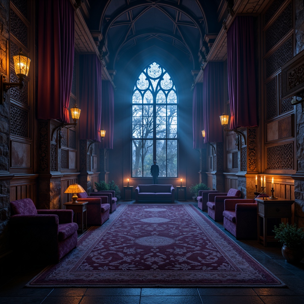 Prompt: Dark medieval castle, mysterious atmosphere, rich velvet drapes, ornate stone walls, mystical lanterns, eerie candles, lavish purple upholstery, intricate wooden carvings, hauntingly beautiful stained glass windows, mysterious foggy mist, dramatic spotlighting, 1/1 composition, cinematic camera angles, high contrast ratio, realistic shadows, ambient occlusion.Please let me know if this meets your requirements or if you need further adjustments!