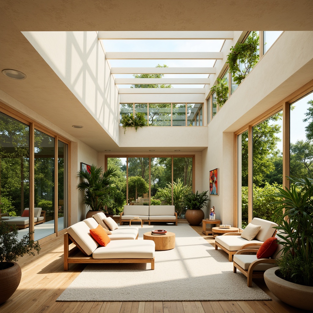 Prompt: Vibrant sunroom, abundant natural light, floor-to-ceiling windows, sliding glass doors, minimal shading devices, clerestory windows, skylights, warm beige tones, creamy white hues, lush greenery, potted plants, organic shapes, curvaceous lines, expressive architectural forms, modern art pieces, eclectic decorative elements, bold colorful accents, rustic wooden textures, soft diffused lighting, 1/1 composition, shallow depth of field, realistic materials, ambient occlusion.