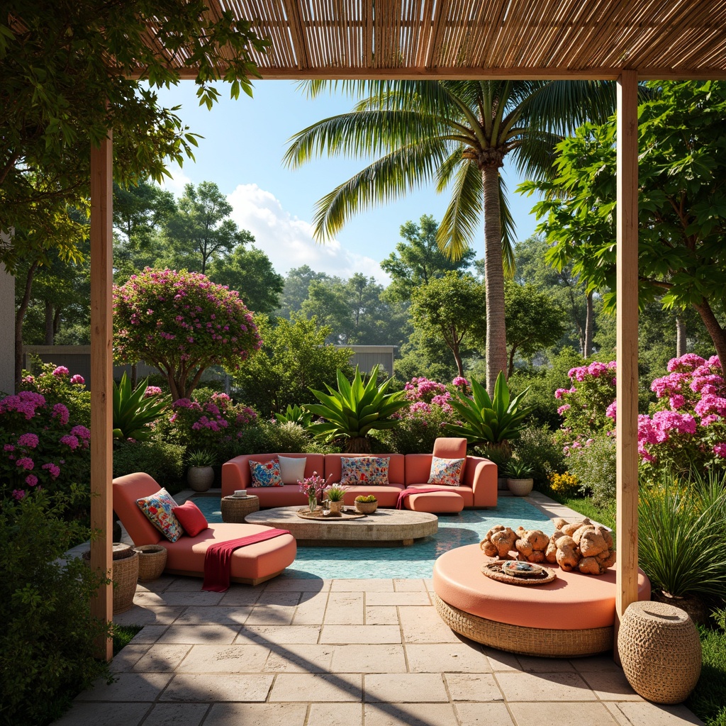 Prompt: Vibrant tropical flowers, lush greenery, exotic palm trees, wooden accents, natural materials, woven rattan furniture, colorful textiles, geometric patterns, bold bright colors, ocean-inspired hues, coral reefs, sandy beaches, sunny day, warm soft lighting, shallow depth of field, 3/4 composition, panoramic view, realistic textures, ambient occlusion.