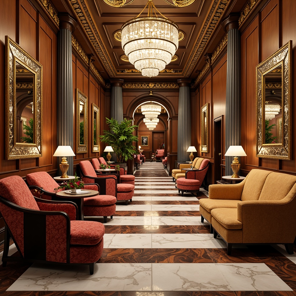 Prompt: Luxurious art deco interior, ornate mirrors, metallic accents, geometric patterns, velvety sofas, marble floors, crystal chandeliers, lavish furnishings, rich wood paneling, intricate moldings, opulent textiles, vibrant colors, gilded details, curved lines, circular shapes, symmetrical compositions, high-gloss finishes, reflective surfaces, dramatic lighting, warm ambiance, sophisticated atmosphere.