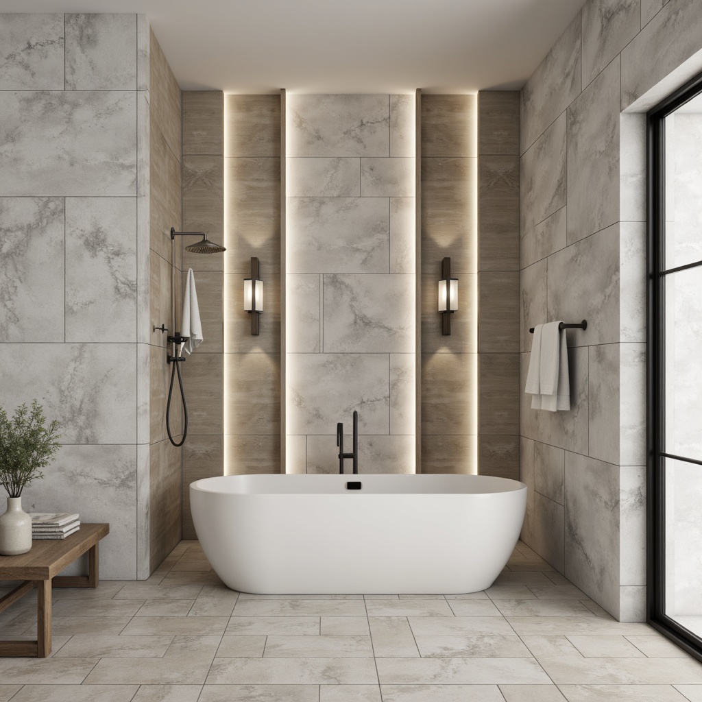 Prompt: Transitional bathroom, neutral color palette, sleek lines, minimal ornamentation, large format tiles, herringbone pattern, marble-look porcelain, soft gray tones, subtle texture contrast, LED lighting strips, wall-mounted fixtures, freestanding tub, rain showerhead, chrome accents, modern sconces, natural stone flooring, warm beige hues, spa-like ambiance, calming atmosphere, 1/2 composition, shallow depth of field, realistic textures, ambient occlusion.