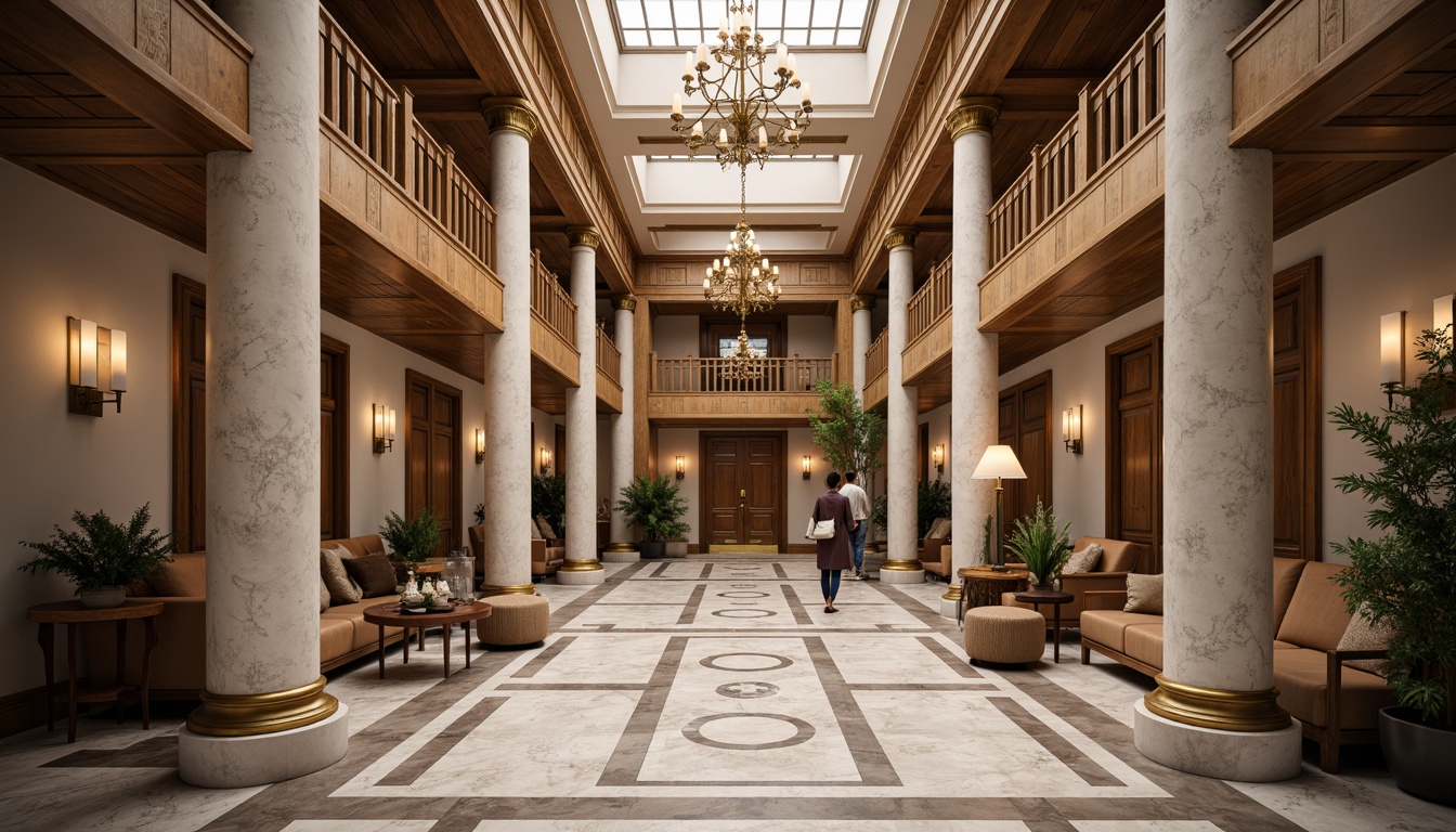 Prompt: Elegant banking hall, neoclassical columns, marble flooring, ornate moldings, grand chandeliers, rich wood paneling, stately furnishings, sophisticated color palette, subtle gold accents, natural stone walls, high ceilings, symmetrical composition, soft warm lighting, shallow depth of field, 1/1 aspect ratio, realistic textures, ambient occlusion.