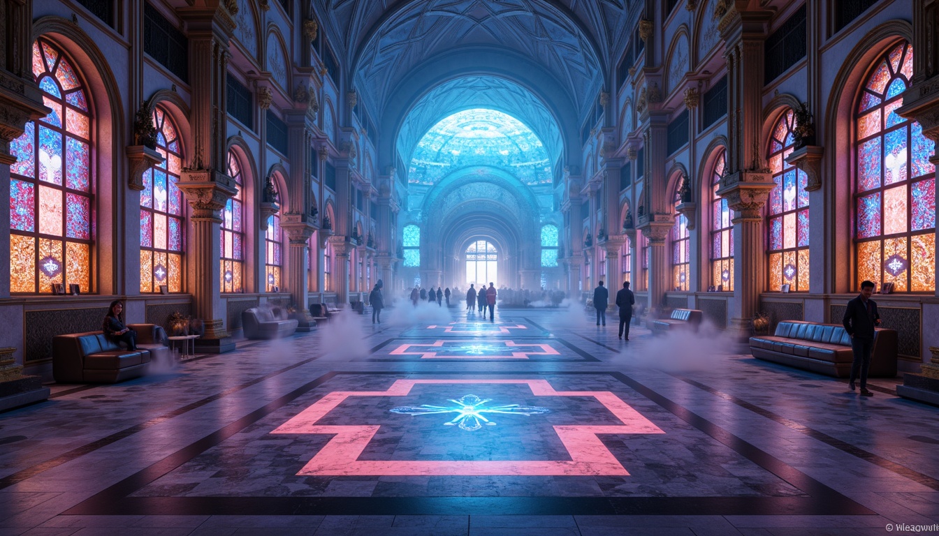 Prompt: Glowing ethereal cathedral, iridescent stained glass windows, holographic frescoes, luminous marble floors, gleaming metallic accents, sacred geometrical patterns, futuristic organic forms, neon-lit ambient lighting, misty atmospheric effects, 3D-printed intricate details, levitating sacred objects, holographic projections, reverberating chanting sounds, soft focus blur, shallow depth of field, cinematic composition.