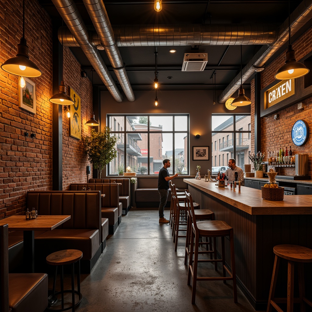 Prompt: Trendy bar scene, industrial chic decor, exposed brick walls, reclaimed wood accents, metal beams, dimmable pendant lights, Edison bulb fixtures, warm ambient glow, cozy corner booths, neon signs, craft beer taps, wooden bar stools, polished concrete floors, atmospheric haze, shallow depth of field, 2/3 composition, realistic textures, ambient occlusion.