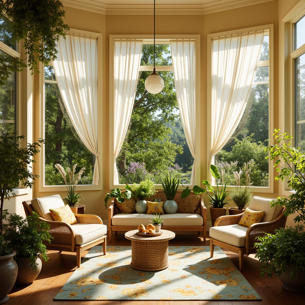 Prompt: Vibrant sunroom, warm beige walls, soft cream furniture, lush greenery, natural wood accents, bright citrus colors, refreshing turquoise hues, creamy whites, sunny yellow tones, warm golden lighting, cozy textiles, woven rattan chairs, potted plants, botanical prints, elegant drapery, sheer curtains, relaxed atmosphere, soft focus, 1/2 composition, natural light, gentle shadows.