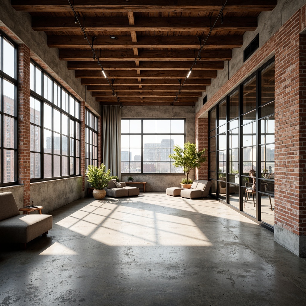 Prompt: Industrial-chic loft, exposed brick walls, wooden beam ceilings, large windows, sliding glass doors, minimal obstructions, open floor plan, reflective surfaces, polished concrete floors, metal accents, urban landscape views, sunny day, soft warm lighting, shallow depth of field, 1/1 composition, panoramic view, realistic textures, ambient occlusion.