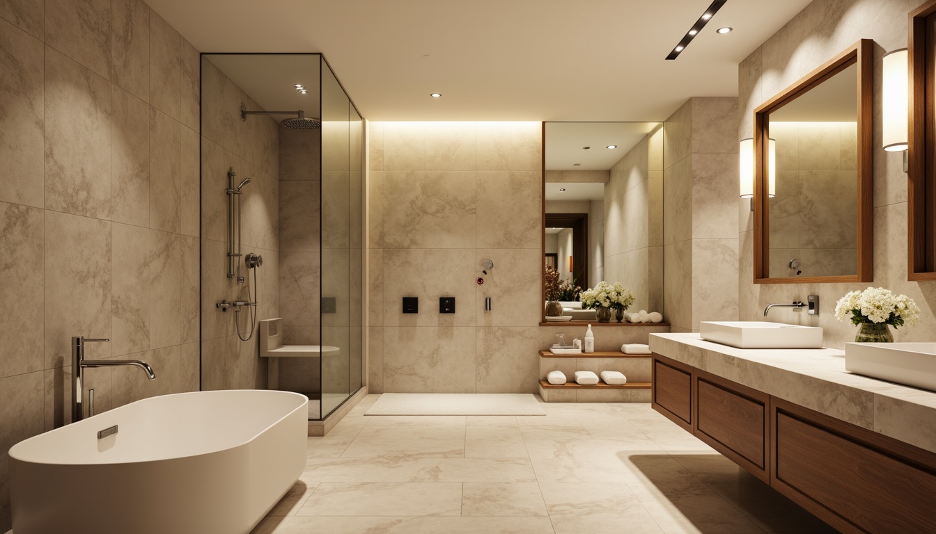 Prompt: Elegant bathroom, soft warm glow, polished chrome fixtures, LED strip lights, rain showerhead, freestanding tub, marble countertops, large mirrors, minimalist decor, ambient lighting, warm white tone, 2700K color temperature, wall-mounted sconces, recessed ceiling lights, frosted glass shades, brushed nickel finishes, spa-inspired atmosphere, relaxing ambiance, soft shadows, 3/4 composition, realistic textures.