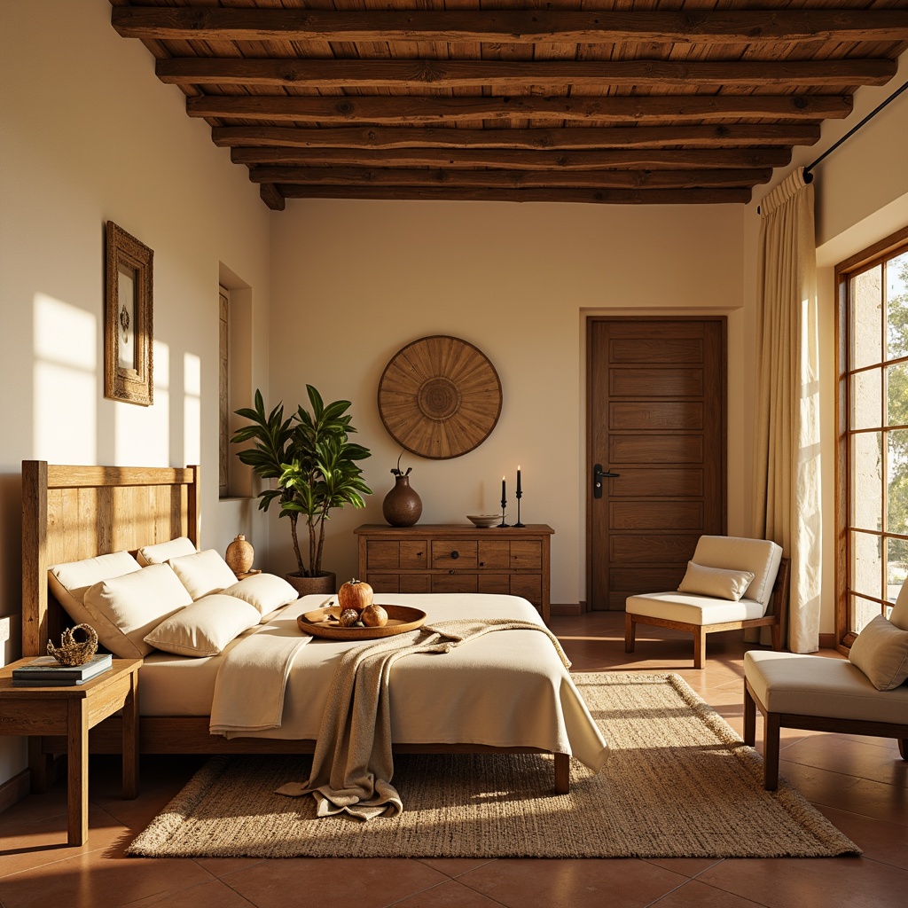 Prompt: Warm Mediterranean style bedroom, soft creamy walls, rustic stone accents, distressed wood furniture, plush area rugs, woven natural fibers, earthy terracotta floors, tranquil ambiance, warm golden lighting, shallow depth of field, 3/4 composition, realistic textures, ambient occlusion.