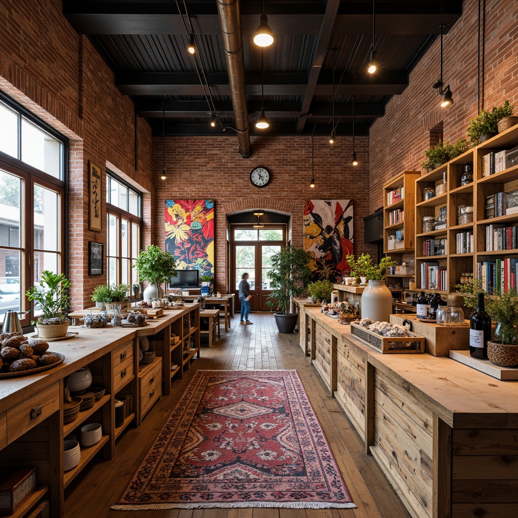 Prompt: Vibrant market interior, exposed brick accent walls, industrial metal beams, reclaimed wood flooring, distressed wooden crates, eclectic decorative objects, colorful textiles, bold graphic patterns, rustic metal lighting fixtures, natural stone countertops, earthy color palette, warm ambient lighting, shallow depth of field, 1/2 composition, realistic textures, subtle camera movements.