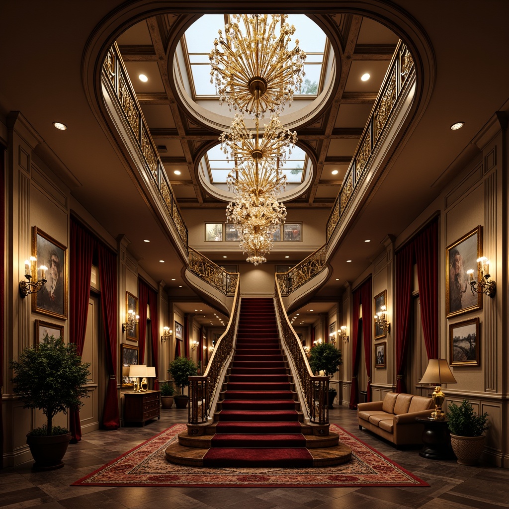 Prompt: Ornate chandeliers, crystal droplets, golden accents, intricate metalwork, grand staircase, lavish furnishings, rich fabrics, velvet drapes, ornamental mirrors, decorative molding, luxurious atmosphere, warm soft lighting, subtle shadows, 1/1 composition, realistic reflections, ambient occlusion.