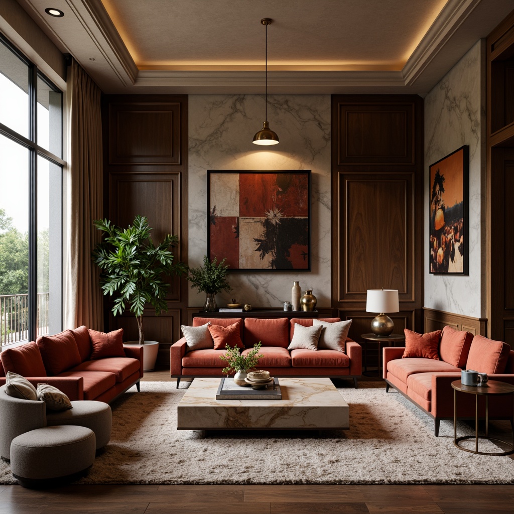 Prompt: Luxurious living room, velvet sofas, wooden coffee tables, marble countertops, metallic accents, natural stone walls, plush area rugs, soft warm lighting, cozy atmosphere, 3/4 composition, shallow depth of field, realistic textures, ambient occlusion, elegant drapery, sophisticated color palette, lavish furnishings, intricate patterns, tactile experiences.