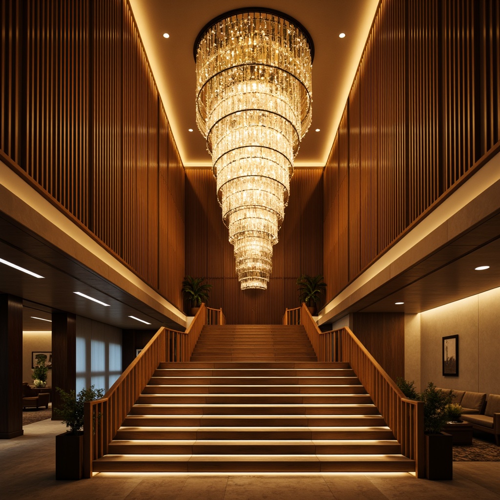 Prompt: Grand staircase, opulent chandelier, warm golden lighting, crystal droplets, ornate metalwork, soft warm glow, recessed lighting, LED strip lights, modern minimalist design, sleek handrail, polished wood steps, luxurious carpeting, ambient illumination, dramatic high ceiling, 3/4 composition, realistic textures, subtle shadows.