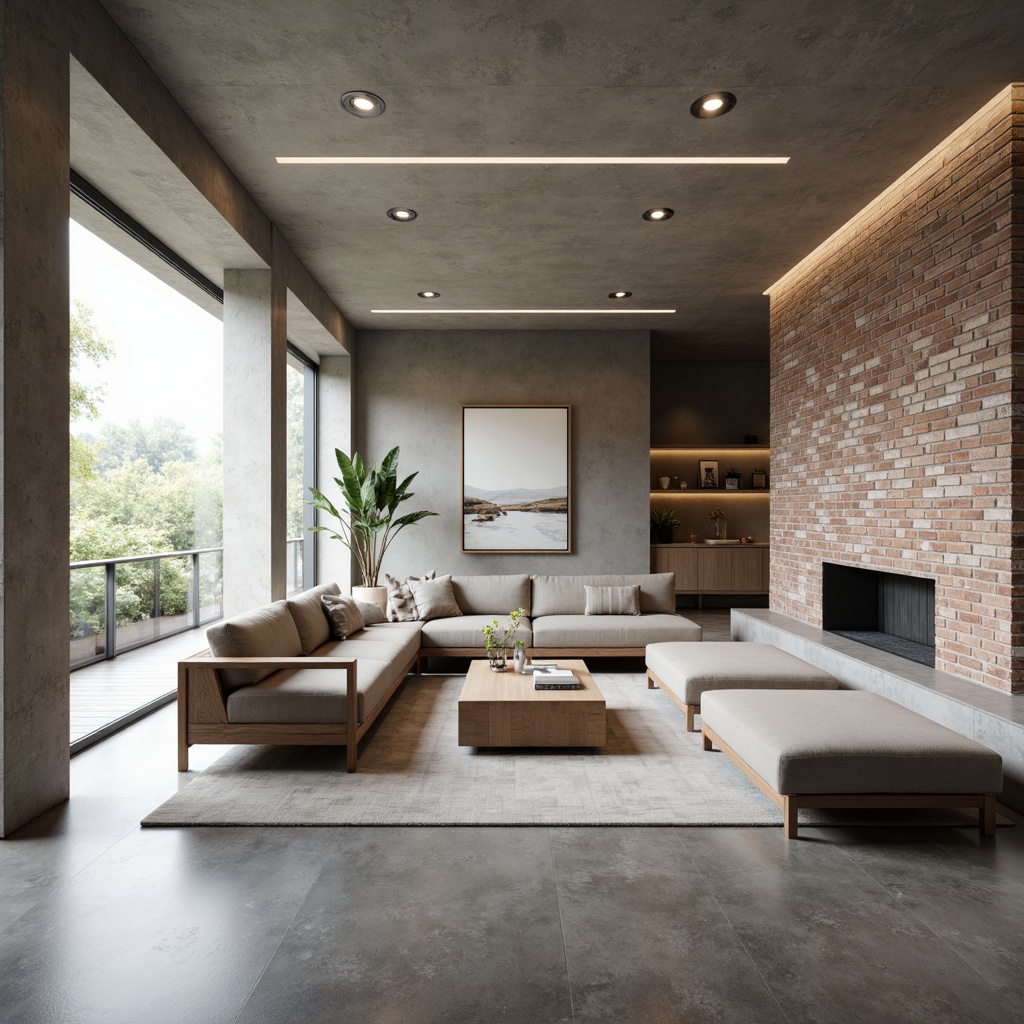 Prompt: Minimalist living room, polished concrete floor, industrial chic vibe, exposed brick walls, neutral color palette, sleek low-profile furniture, recessed lighting, modern minimalist decor, subtle texture contrasts, matte finishes, clean lines, simplicity emphasis, natural light pouring in, airy atmosphere, 1/1 composition, soft focus, realistic render.