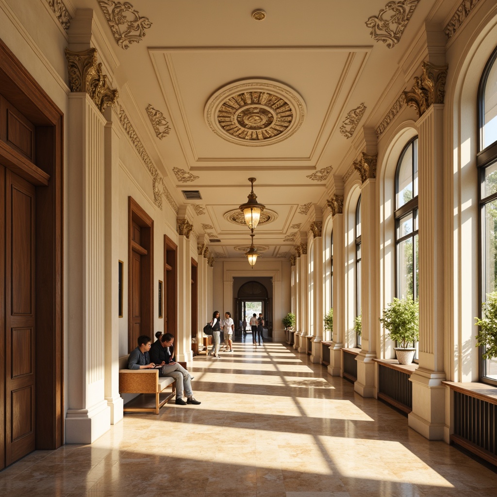 Prompt: Elegant student halls, traditional classical architecture, ornate plaster moldings, smooth cream-colored walls, rich wood paneling, intricate carvings, warm beige marble floors, decorative pilasters, classic columns, ornamental ceiling medallions, soft golden lighting, subtle shadows, 1/1 composition, realistic textures, ambient occlusion.