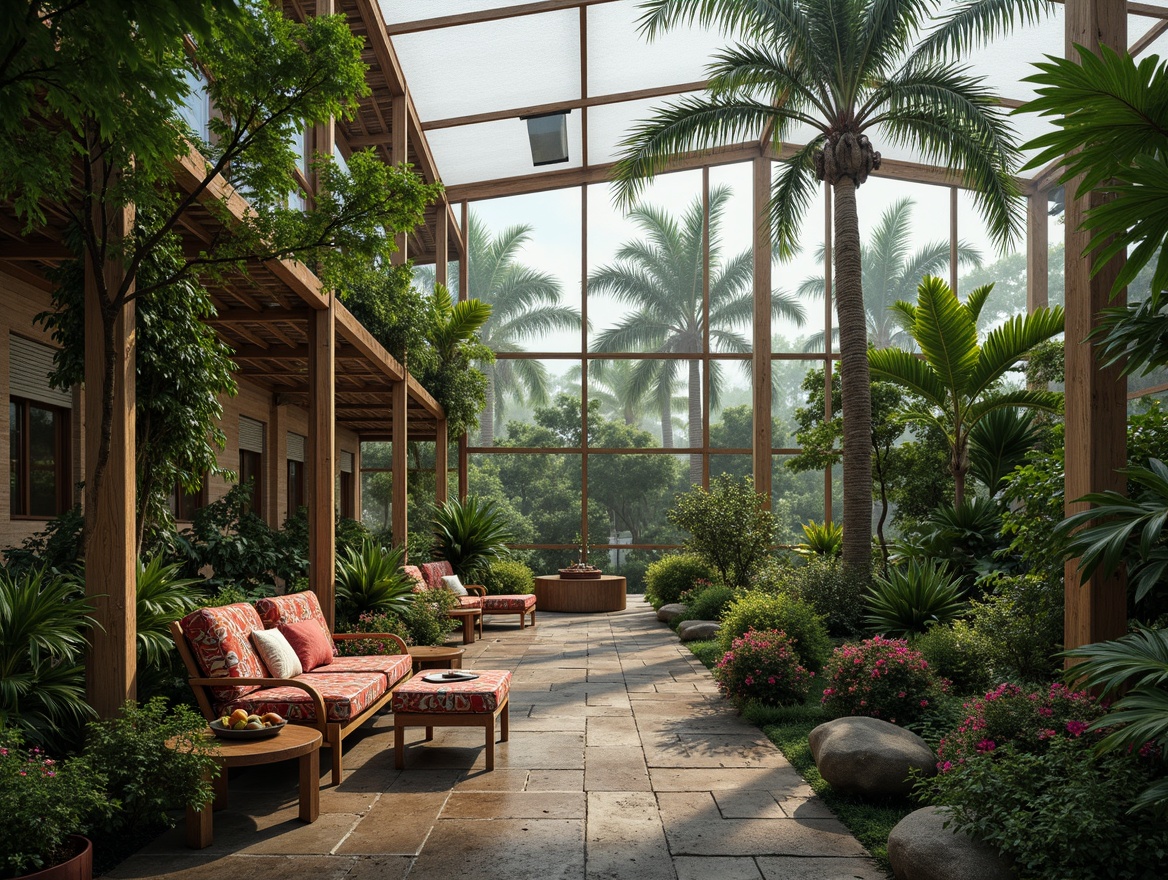 Prompt: Lush tropical greenhouse, exotic plants, vibrant flowers, misty atmosphere, warm humid climate, natural stone pathways, wooden trellises, rattan furniture, colorful textiles, intricate patterns, large leafy greens, palm trees, bamboo accents, soft diffused lighting, shallow depth of field, 1/1 composition, realistic textures, ambient occlusion, tropical fruit arrangements, water features, small ponds, gentle water flow.