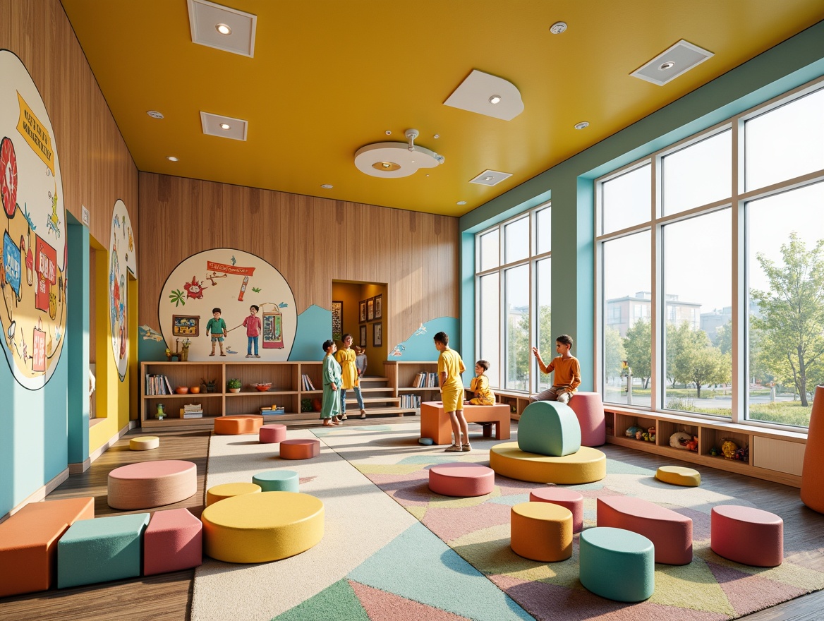 Prompt: Brightly colored kindergarten interior, whimsical murals, playful furniture, soft cushions, rounded edges, educational toys, interactive displays, colorful rugs, natural wood accents, warm lighting, creamy pastel colors, bold black outlines, geometric patterns, 3D shapes, textured walls, cozy reading nooks, circular tables, tiny chairs, stimulating decor, cheerful atmosphere, shallow depth of field, 1/1 composition, realistic textures, ambient occlusion.