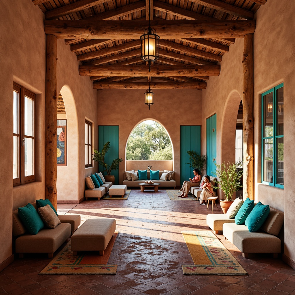 Prompt: Vibrant turquoise accents, warm adobe architecture, rustic wooden beams, earthy terracotta floors, colorful Navajo patterns, geometric tile work, soft warm lighting, cozy reading nooks, cultural artifacts displays, traditional Pueblo pottery, woven textiles, natural fiber rugs, intimate gathering spaces, lantern-style light fixtures, ambient glow, high ceilings, open floor plans, scenic desert views, sunny afternoon, shallow depth of field, 1/1 composition, realistic textures.