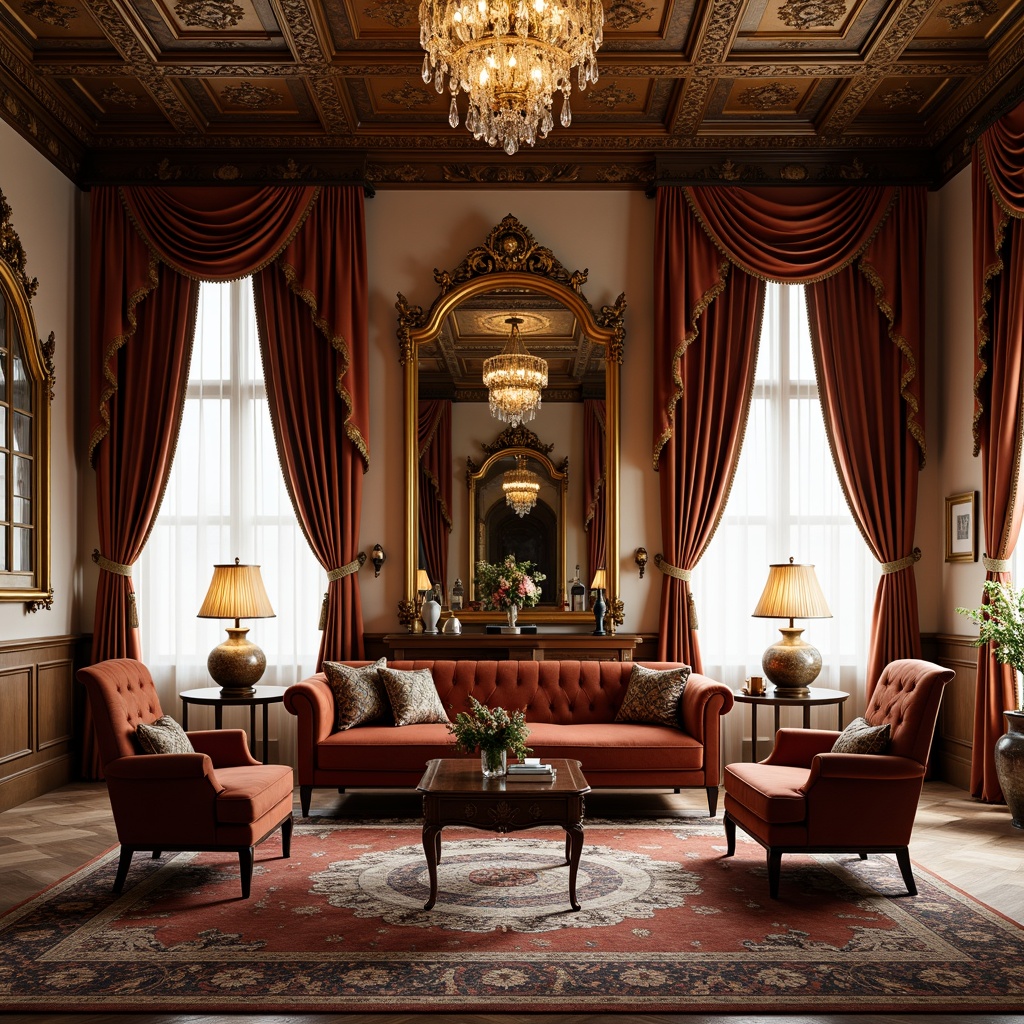 Prompt: Opulent velvet sofa, intricately carved wooden armchairs, luxurious silk drapes, ornate gilded mirrors, richly patterned oriental rugs, vintage bronze lamp fixtures, delicate lace doilies, antique porcelain vases, intricately detailed ceiling moldings, lavish crystal chandeliers, grandiose floor-to-ceiling windows, dramatic draped curtains, warm golden lighting, shallow depth of field, 2/3 composition, realistic textures, ambient occlusion.