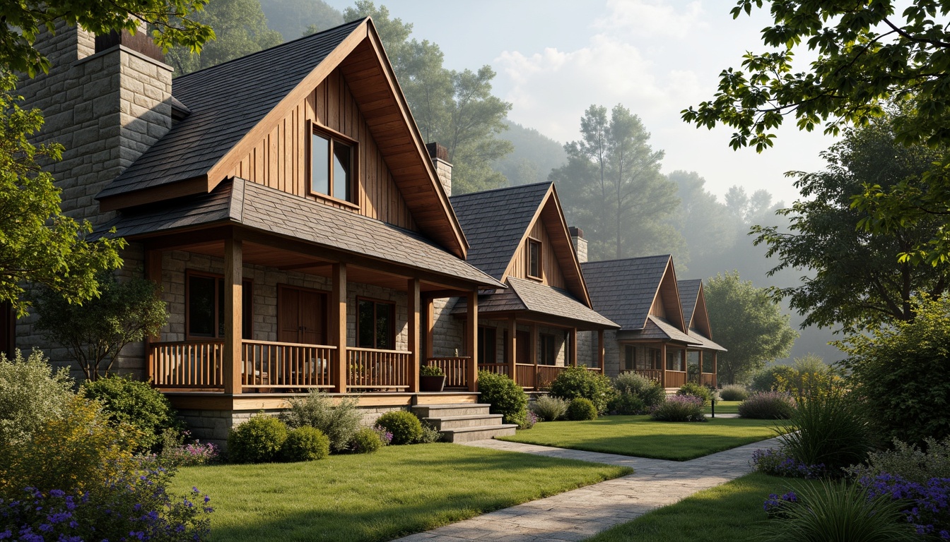 Prompt: Rustic wooden beams, earthy stone walls, natural slate roofs, charming porches, wooden shutters, country-style chimneys, lush greenery, blooming flowers, forest surroundings, misty morning, warm soft lighting, shallow depth of field, 2/3 composition, realistic textures, ambient occlusion.