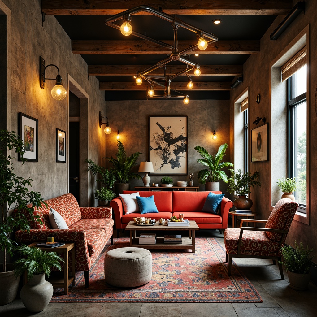 Prompt: Whimsical eclectic space, vintage furniture, bold color palette, mismatched patterns, ornate fixtures, layered textiles, statement lighting fixtures, industrial metal shades, Edison bulb pendants, reclaimed wood accents, distressed finishes, abstract artwork, lush greenery, natural stone floors, warm cozy ambiance, soft golden lighting, dramatic shadows, high contrast ratio, 1/1 composition, intimate atmosphere, realistic materials, subtle glow.