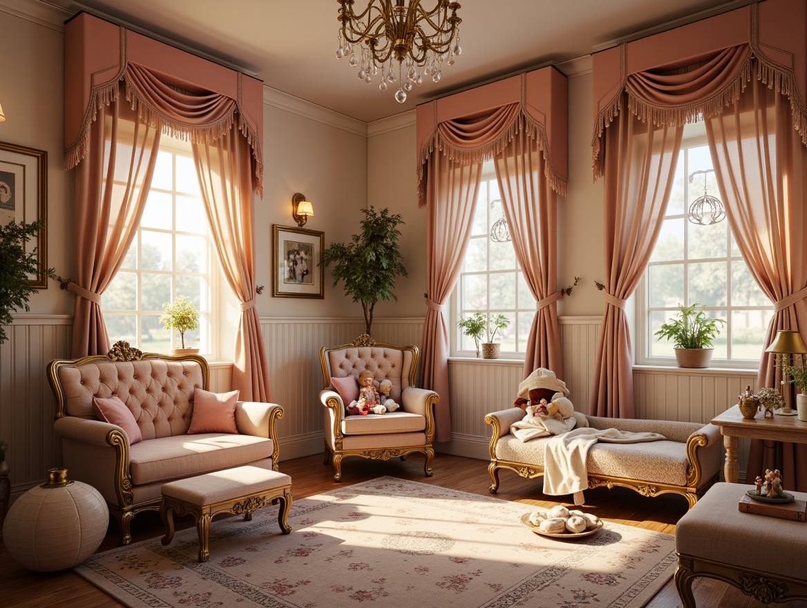 Prompt: Whimsical kids' room, ornate Rococo style, soft pastel colors, intricate carvings, luxurious fabrics, plush toys, antique furnishings, crystal chandeliers, string lights, lanterns, star-shaped lamps, warm golden lighting, cozy reading nooks, velvet drapes, floral patterns, delicate lace trimmings, vintage dolls, fairy tale illustrations, dreamy atmosphere, shallow depth of field, 1/1 composition, soft focus effect.