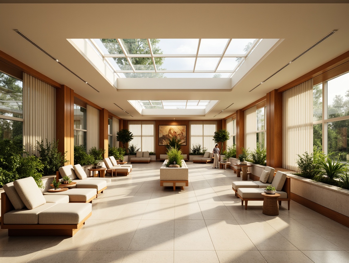 Prompt: Warm rehabilitation center, mid-century modern architecture, large windows, natural light, warm wood accents, soft pastel colors, comfortable seating areas, lush greenery, plants, soothing water features, gentle curves, minimalist decor, functional furniture, calming atmosphere, warm beige tones, softbox lighting, indirect illumination, coffered ceilings, clerestory windows, diffused sunlight, relaxing ambiance, peaceful environment.