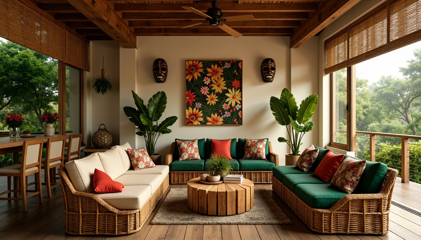 Prompt: Vibrant tropical interior, natural wood accents, woven rattan furniture, plush green velvet sofas, palm tree-inspired decor, colorful tiki masks, exotic floral patterns, woven bamboo blinds, rustic wooden floors, warm beige walls, lush greenery, oversized leaf-shaped fans, soft warm lighting, shallow depth of field, 3/4 composition, realistic textures, ambient occlusion.