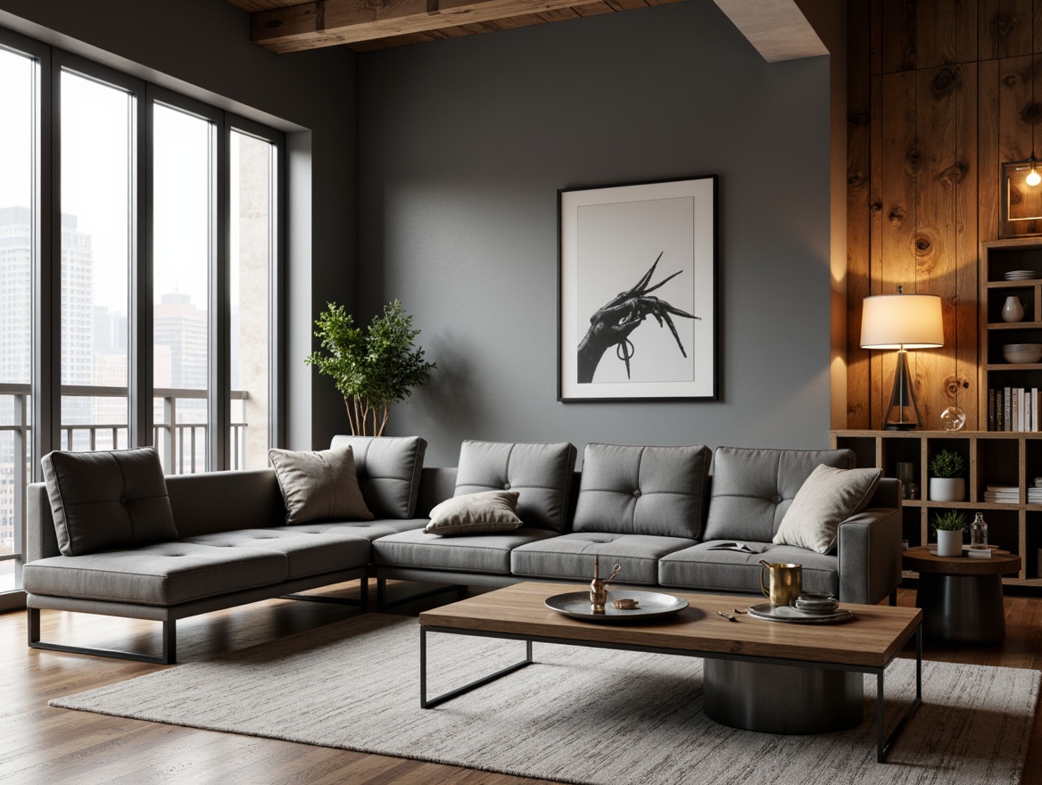 Prompt: Modern living room, sleek low-profile sofa, minimalist coffee table, metallic legs, tufted velvet upholstery, accent wall, abstract artwork, floor-to-ceiling windows, urban loft atmosphere, industrial chic decor, reclaimed wood accents, Edison bulb lighting, 3/4 composition, shallow depth of field, soft warm glow.